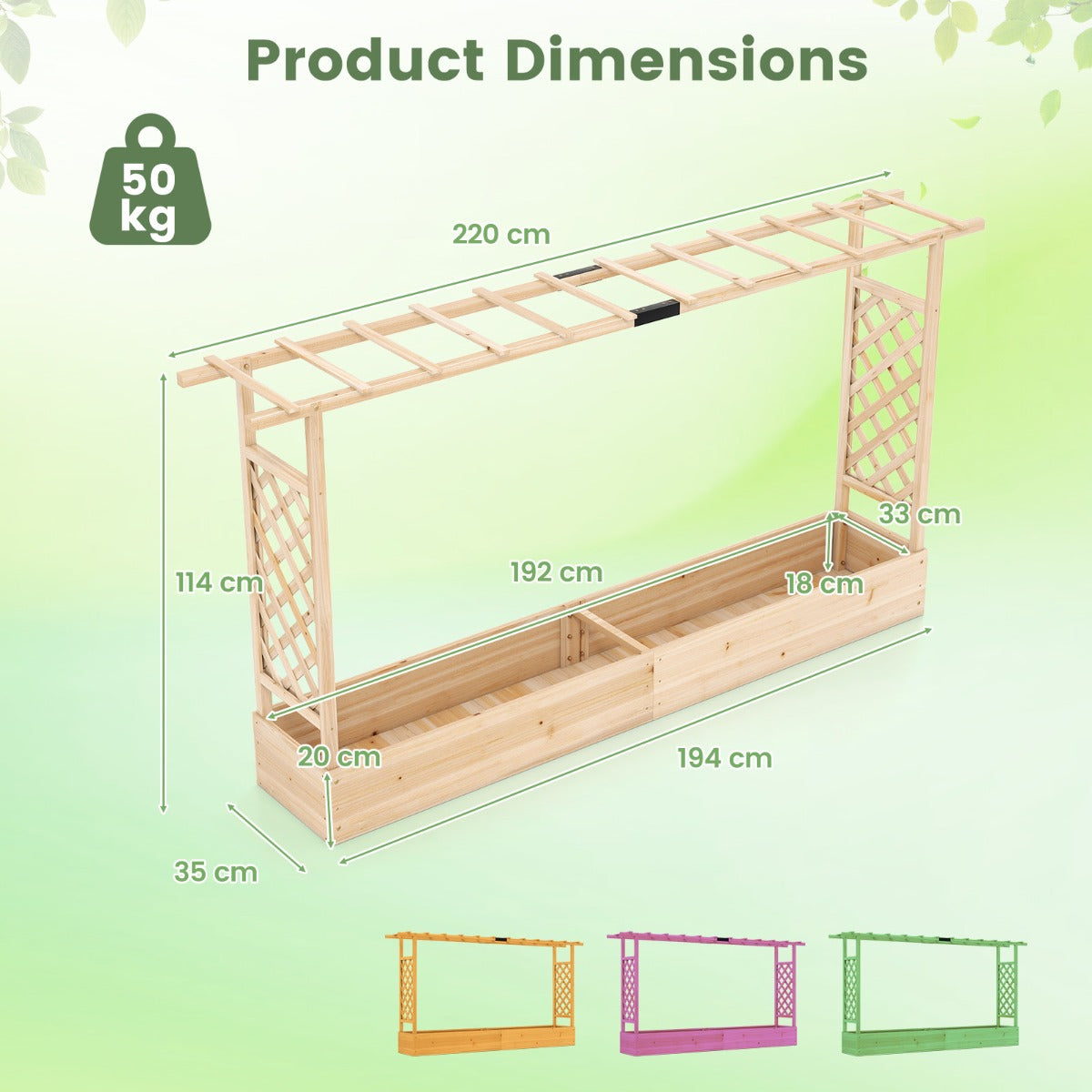 Livsk costway verhoogde houten tuinbak met latwerk en hangend dak afwateringsgaten plantenbak van vurenhout 220 x 35 x 114 cm naturel 1
