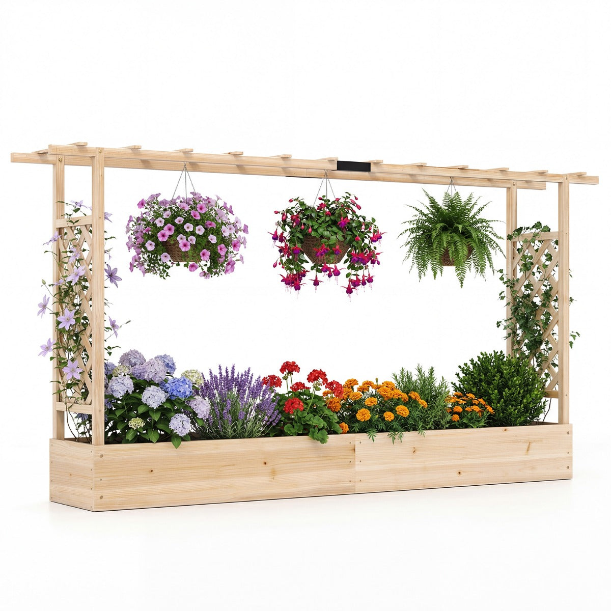 Livsk costway verhoogde houten tuinbak met latwerk en hangend dak afwateringsgaten plantenbak van vurenhout 220 x 35 x 114 cm naturel