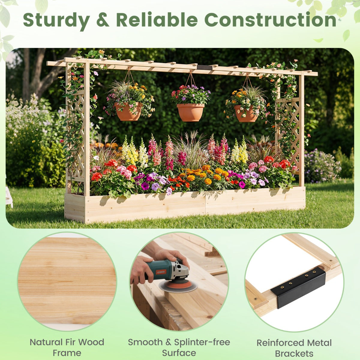 Livsk costway verhoogde houten tuinbak met latwerk en hangend dak afwateringsgaten plantenbak van vurenhout 220 x 35 x 114 cm naturel