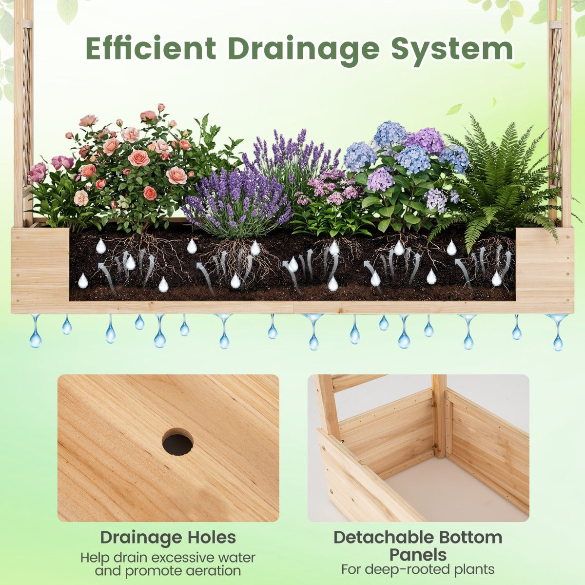 Livsk costway verhoogde houten tuinbak met latwerk en hangend dak afwateringsgaten plantenbak van vurenhout 220 x 35 x 114 cm naturel