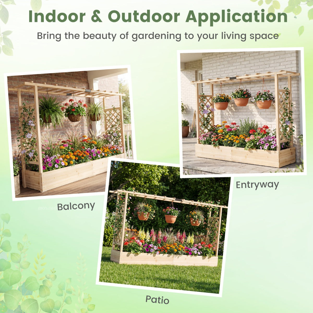 Livsk costway verhoogde houten tuinbak met latwerk en hangend dak afwateringsgaten plantenbak van vurenhout 220 x 35 x 114 cm naturel
