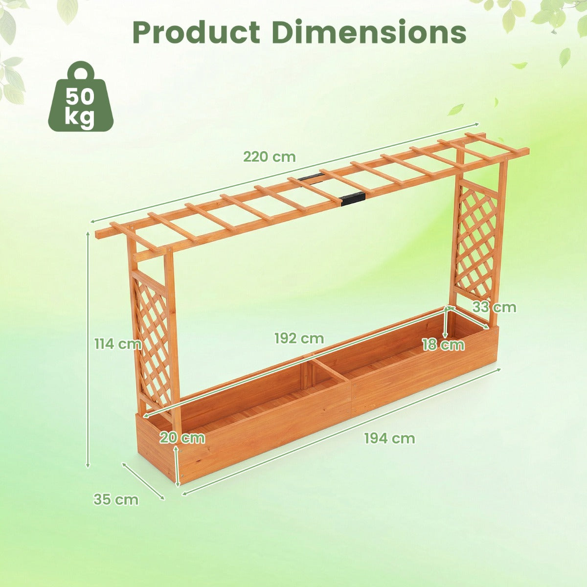 Livsk costway verhoogde houten tuinbak met latwerk en hangend dak afwateringsgaten plantenbak van vurenhout 220 x 35 x 114 cm oranje 1
