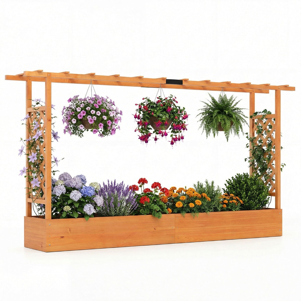 Livsk costway verhoogde houten tuinbak met latwerk en hangend dak afwateringsgaten plantenbak van vurenhout 220 x 35 x 114 cm oranje