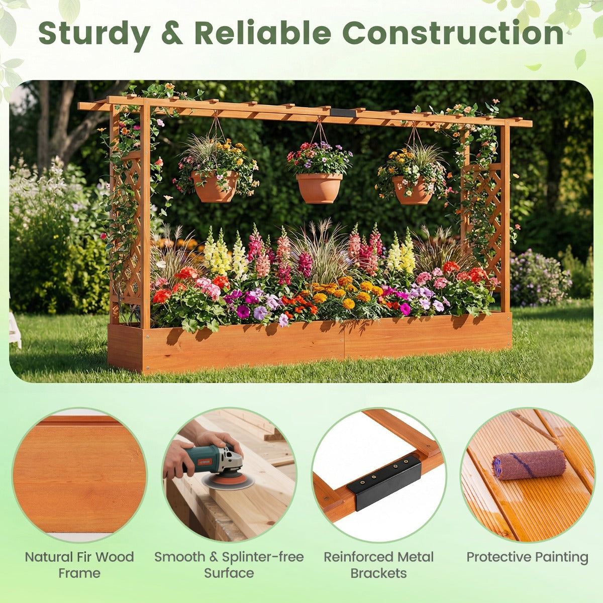 Livsk costway verhoogde houten tuinbak met latwerk en hangend dak afwateringsgaten plantenbak van vurenhout 220 x 35 x 114 cm oranje