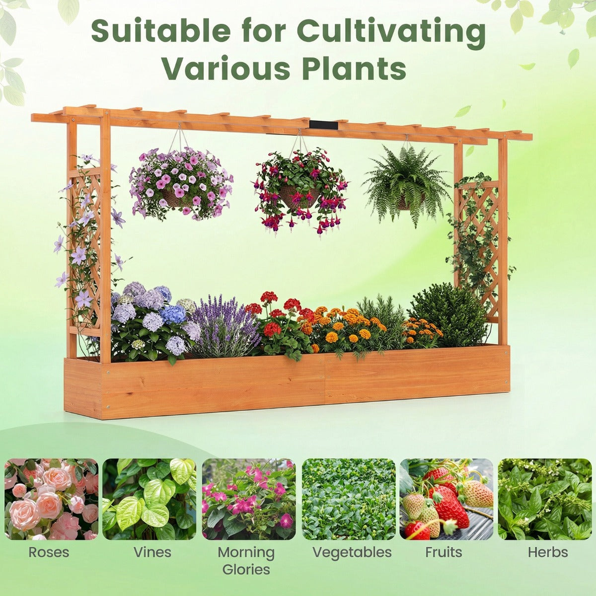 Livsk costway verhoogde houten tuinbak met latwerk en hangend dak afwateringsgaten plantenbak van vurenhout 220 x 35 x 114 cm oranje