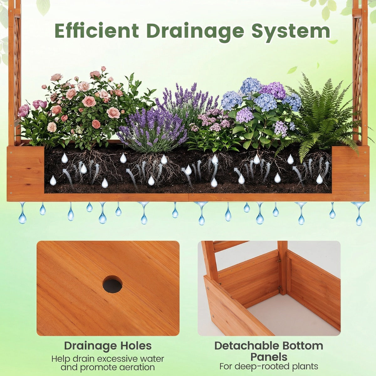 Livsk costway verhoogde houten tuinbak met latwerk en hangend dak afwateringsgaten plantenbak van vurenhout 220 x 35 x 114 cm oranje