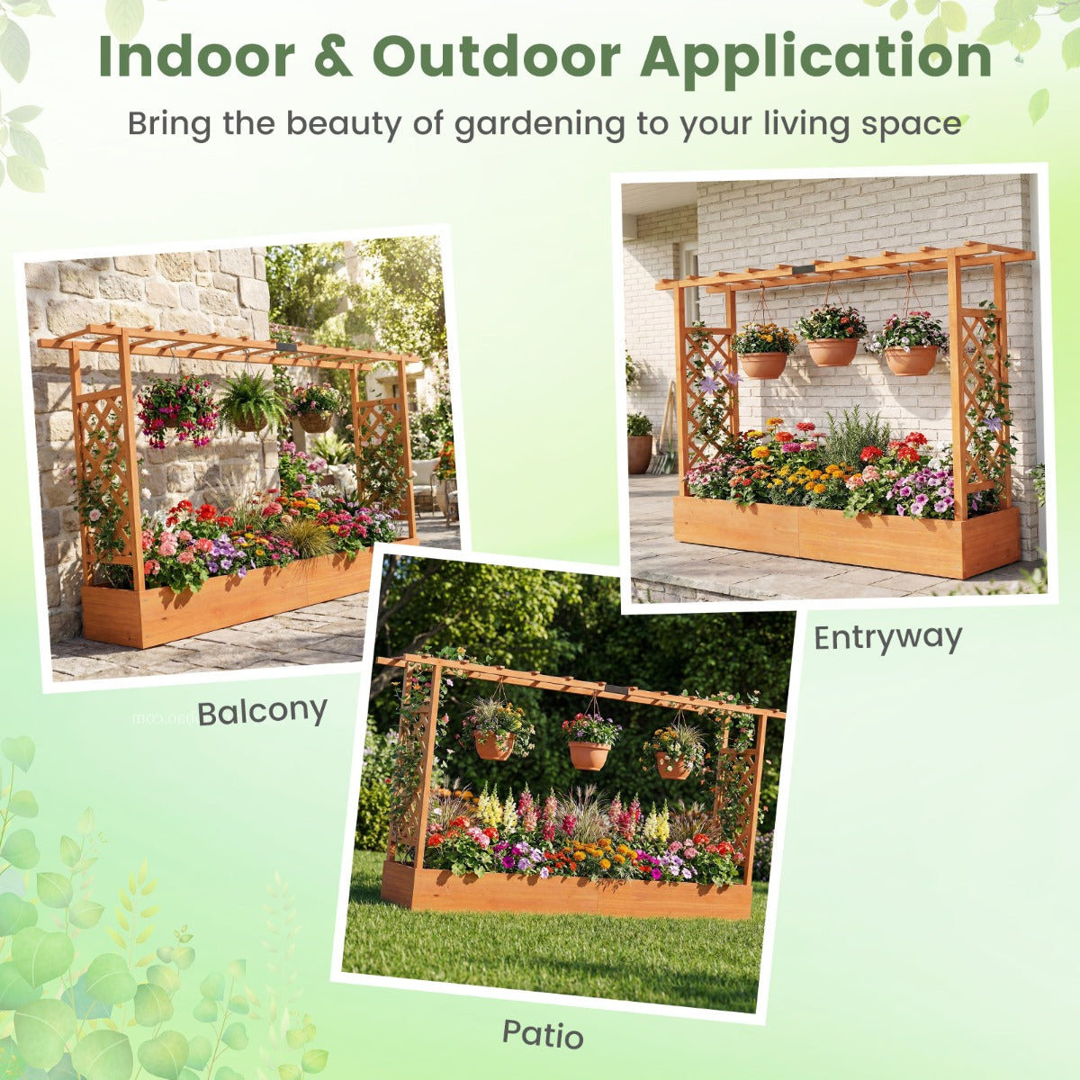 Livsk costway verhoogde houten tuinbak met latwerk en hangend dak afwateringsgaten plantenbak van vurenhout 220 x 35 x 114 cm oranje