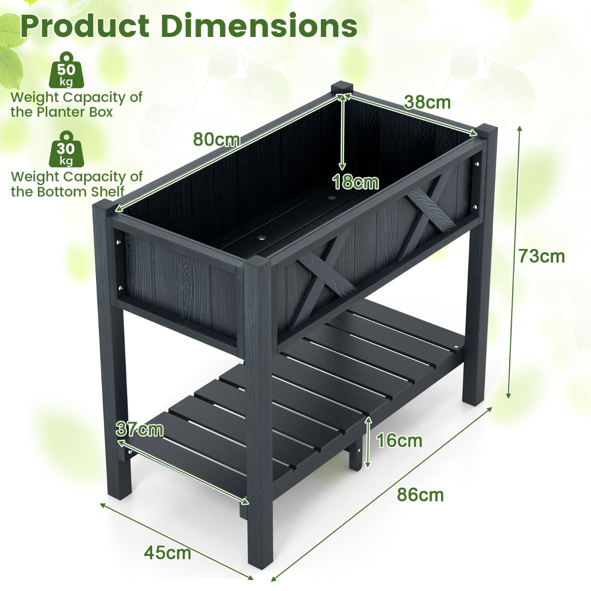 LIVSK Verhoogd Tuinbed HIPS - Waterdicht met Onderste Opbergplank - 12 Drainagegaten - 86 x 45 x 73 cm - Zwart