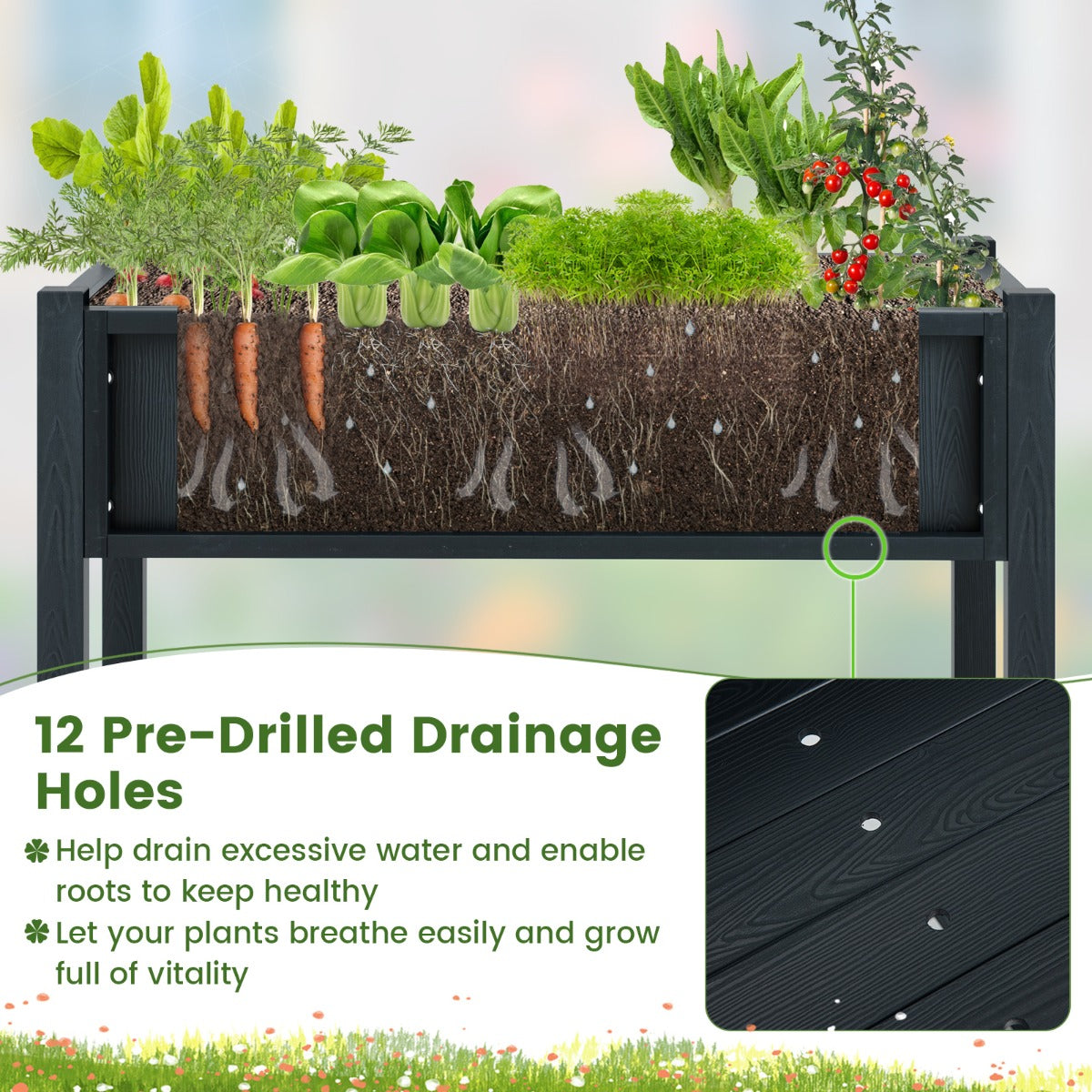 LIVSK Verhoogd Tuinbed HIPS - Waterdicht met Onderste Opbergplank - 12 Drainagegaten - 86 x 45 x 73 cm - Zwart