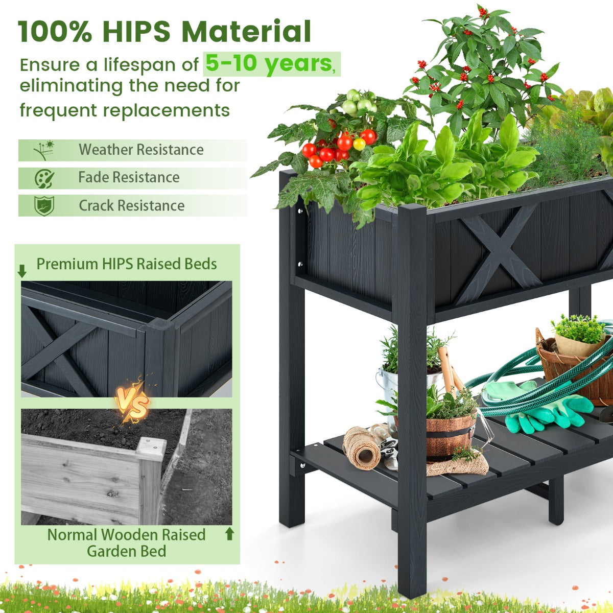LIVSK Verhoogd Tuinbed HIPS - Waterdicht met Onderste Opbergplank - 12 Drainagegaten - 86 x 45 x 73 cm - Zwart