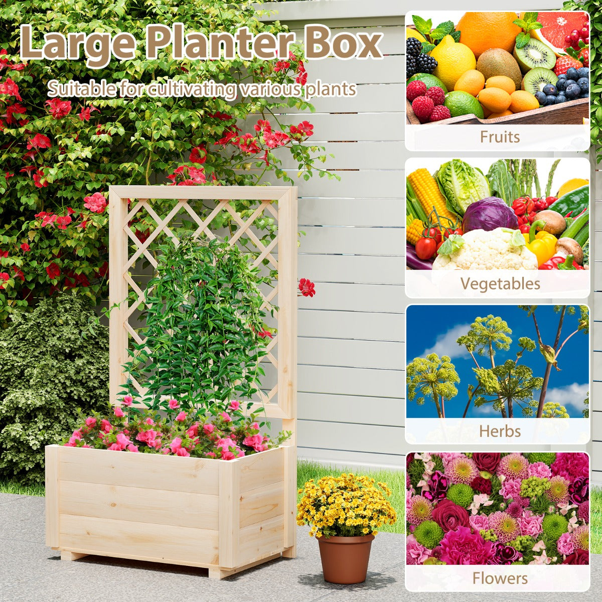 LIVSK Verhoogde Houten Plantenbak met Trellis - 100% Grenenhout - Efficiënt Drainagesysteem - Voor Binnen en Buiten - 98 x 35 x