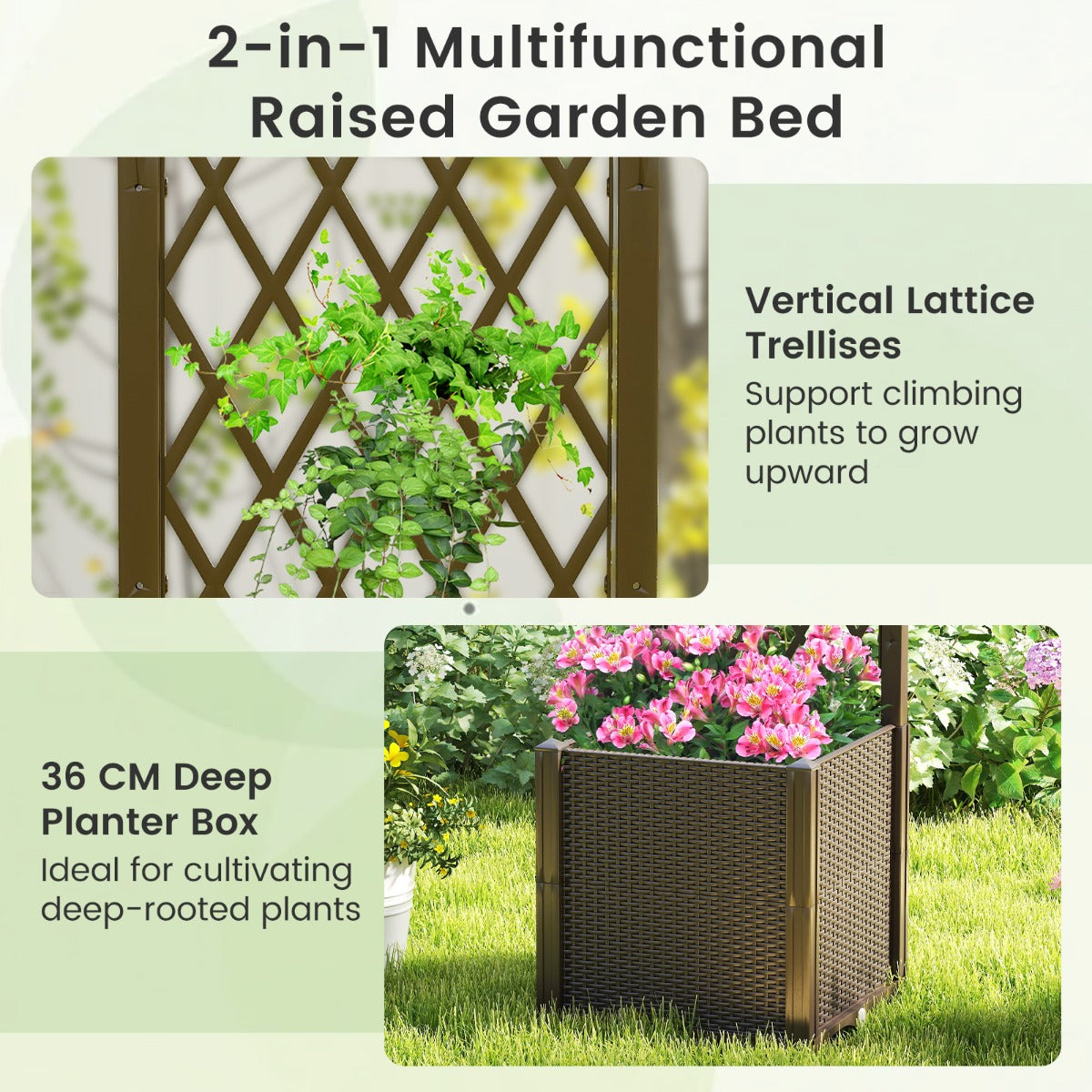 LIVSK 2-in-1 Verhoogde Tuinbak met Verticale Schutting - Zelfbewateringssysteem - Eenvoudige Montage - 40 x 40 x 140 cm - Koffie