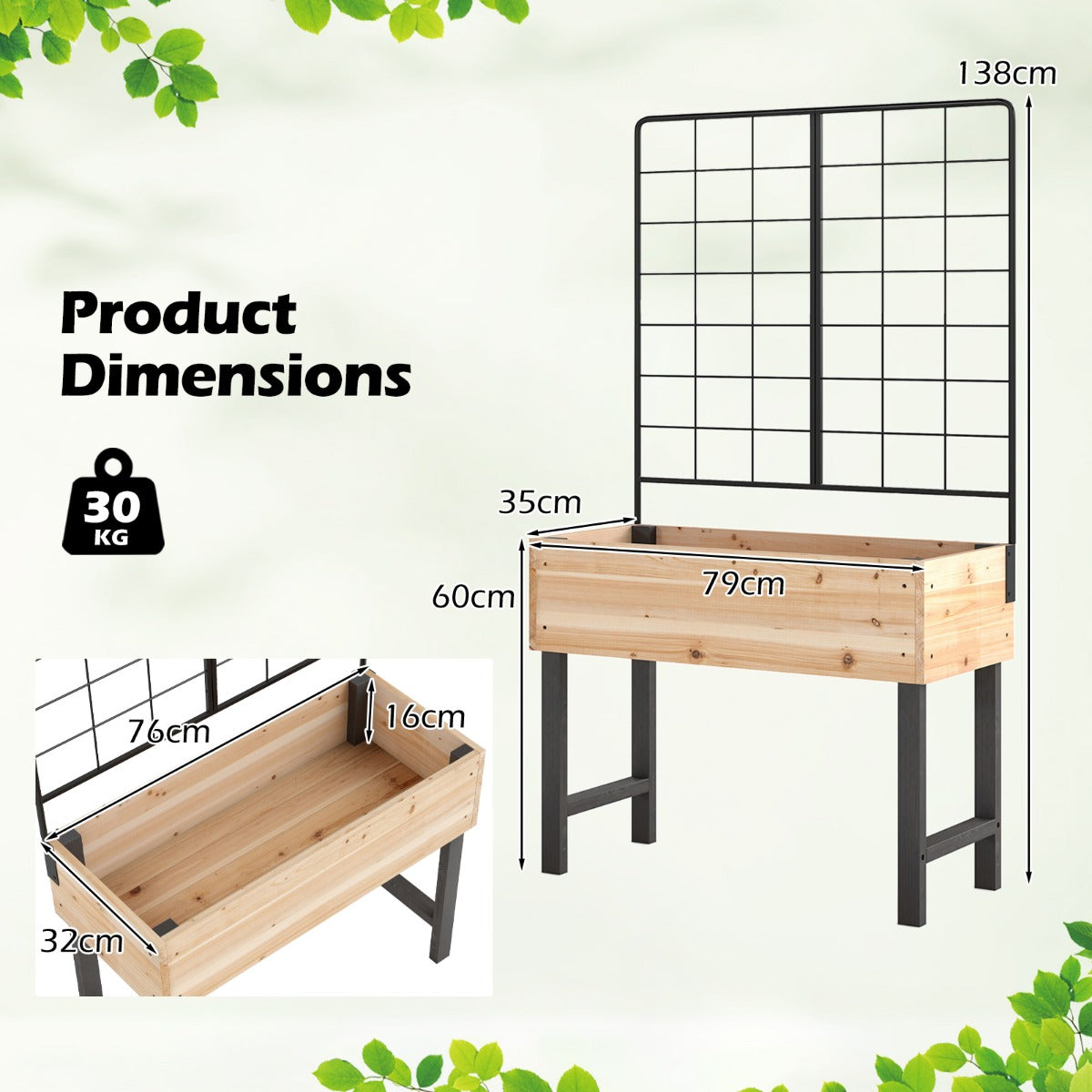 LIVSK Verhoogde Houten Plantenbak met Trellis - Ruim Kweekoppervlak - Ergonomisch Ontwerp - Duurzaam Dennenhout - Natuurlijk
