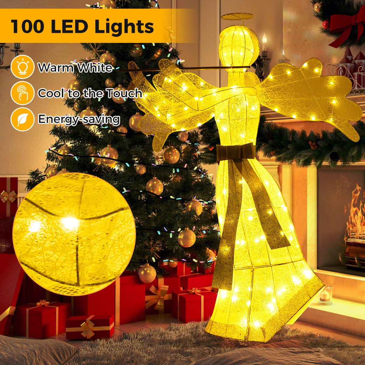 LIVSK Gloeiende Engel Kerstdecoratie - 100 LED-lampjes - Weerbestendig Metaal - Inclusief Accessoires - 150 cm - Wit + Goud