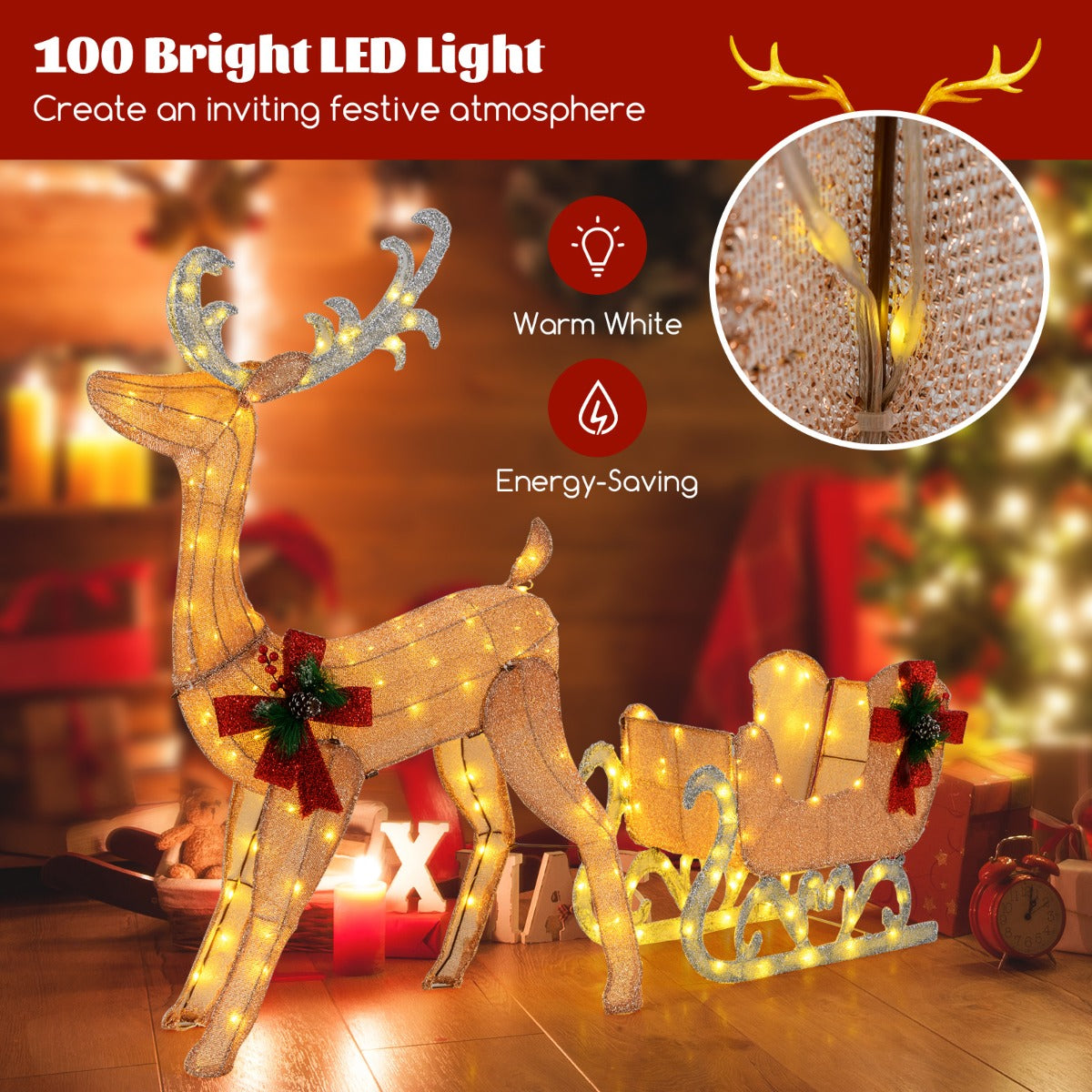 LIVSK Voorverlichte Rendier en Slee - 100 Warm Witte LED-lampjes - Waterdicht - Eenvoudige Montage - Stabiele Constructie - Goud