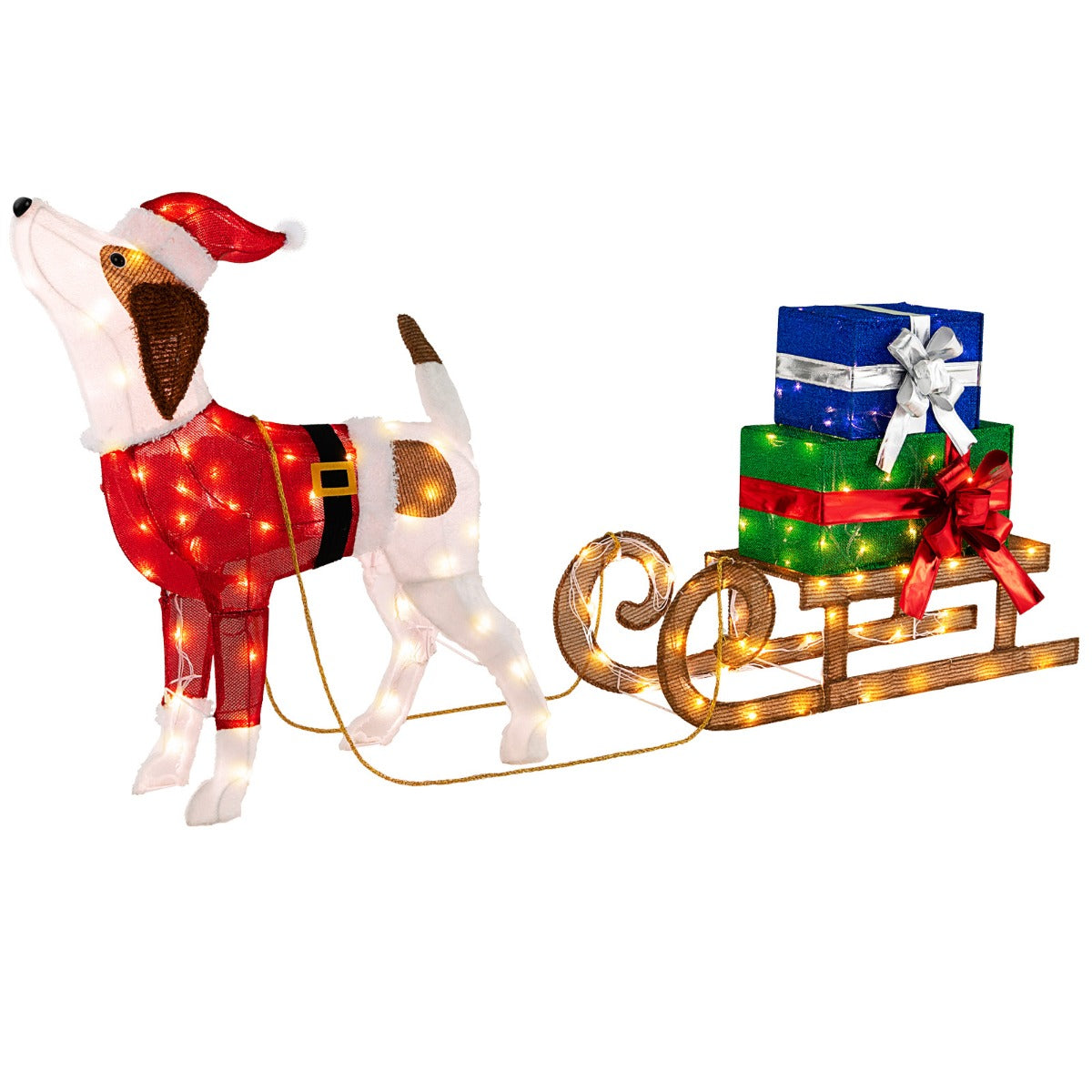 LIVSK Verlichte Kerstdecoratieset - Schattige Hond en Cadeauslee - 170 LED-lampjes - Duurzaam en Weerbestendig - Veelkleurig