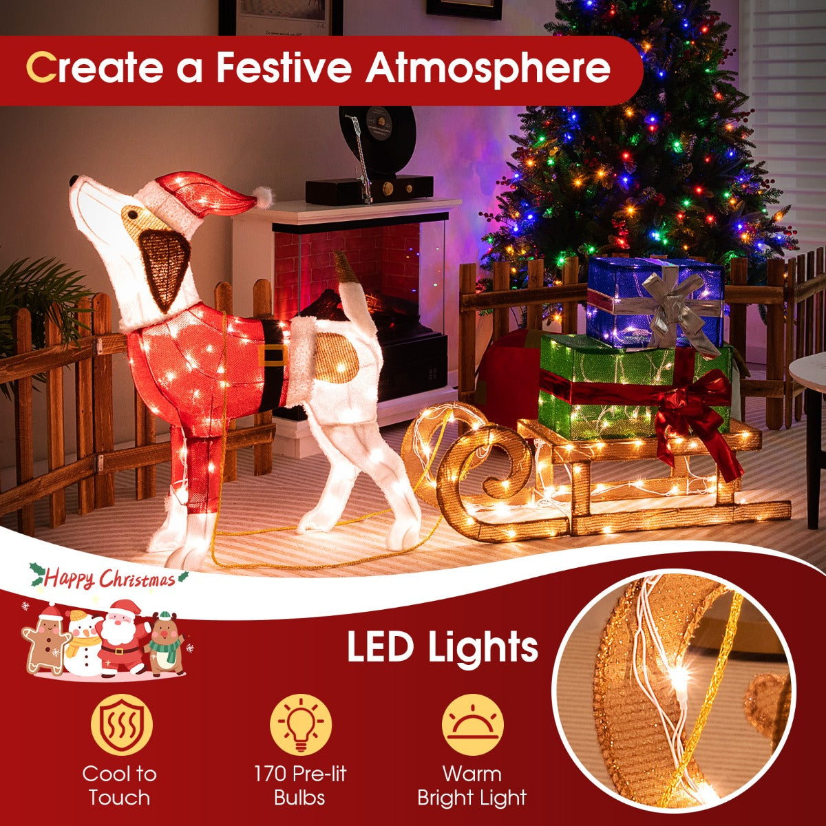 LIVSK Verlichte Kerstdecoratieset - Schattige Hond en Cadeauslee - 170 LED-lampjes - Duurzaam en Weerbestendig - Veelkleurig