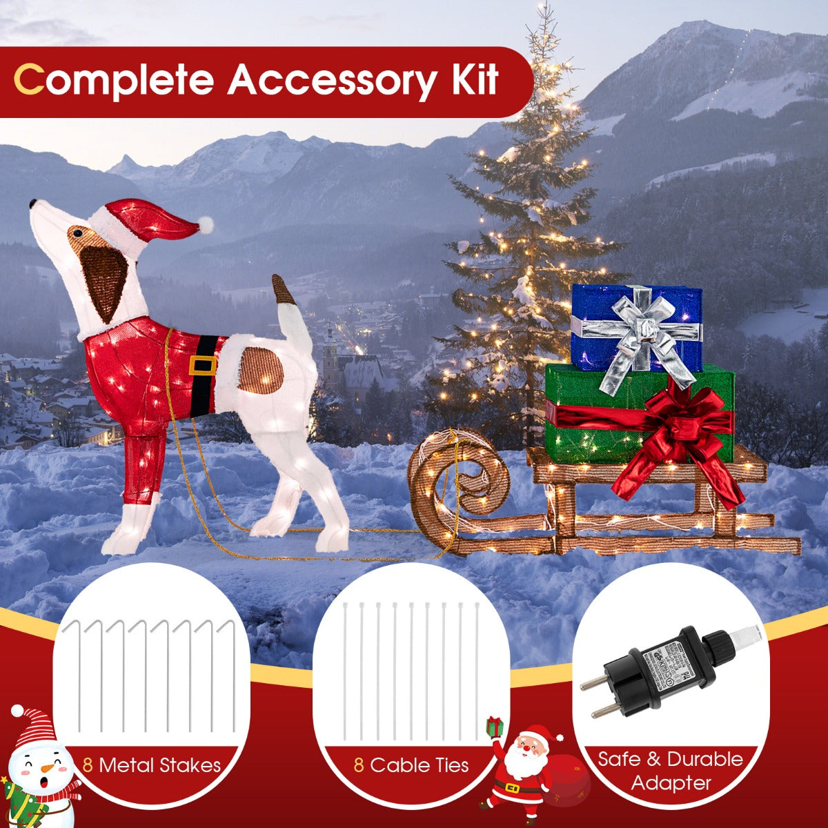 LIVSK Verlichte Kerstdecoratieset - Schattige Hond en Cadeauslee - 170 LED-lampjes - Duurzaam en Weerbestendig - Veelkleurig