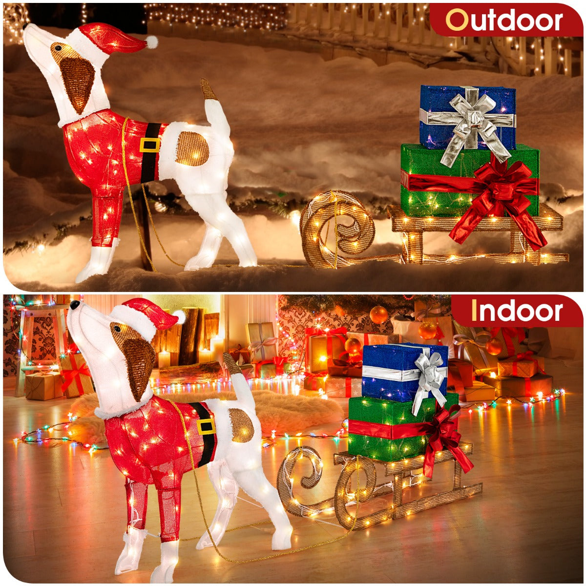 LIVSK Verlichte Kerstdecoratieset - Schattige Hond en Cadeauslee - 170 LED-lampjes - Duurzaam en Weerbestendig - Veelkleurig