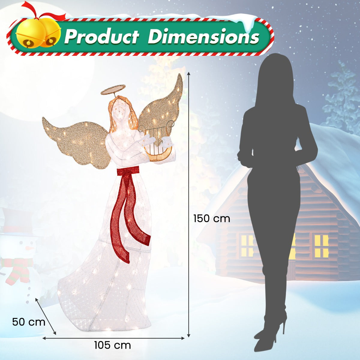 LIVSK Verlichte Kerstengel met Harp - 120 LED-lampen - Weerbestendig - Hoogte 150 cm - Magische Decoratie - Warmwit