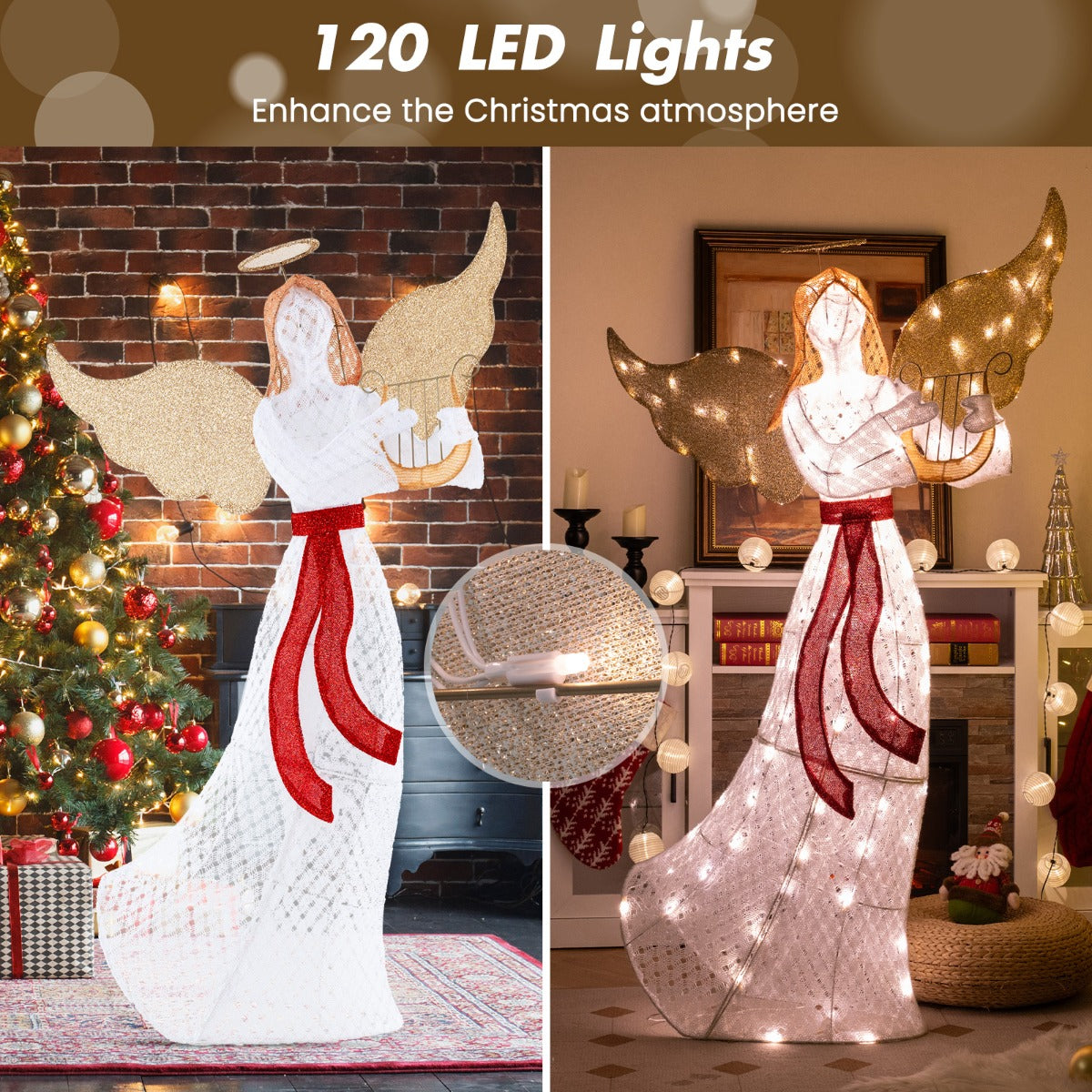 LIVSK Verlichte Kerstengel met Harp - 120 LED-lampen - Weerbestendig - Hoogte 150 cm - Magische Decoratie - Warmwit
