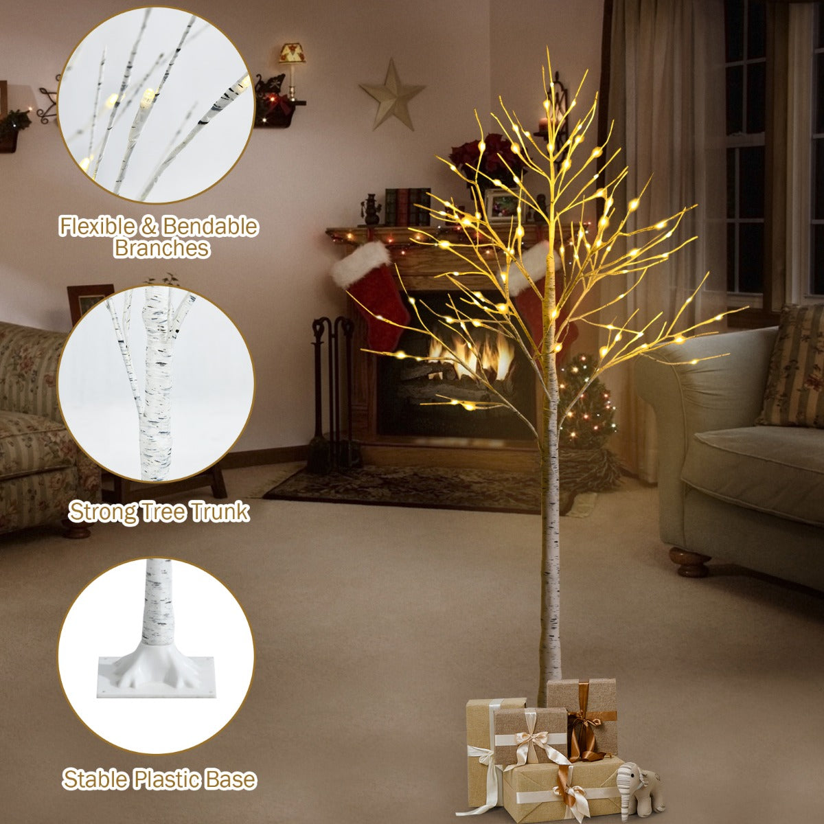LIVSK LED-Berkenboom - 150 cm - 72 Warm Witte LED-Lampjes - Flexibele Takken - Duurzaam PVC - Voor Binnen - Wit