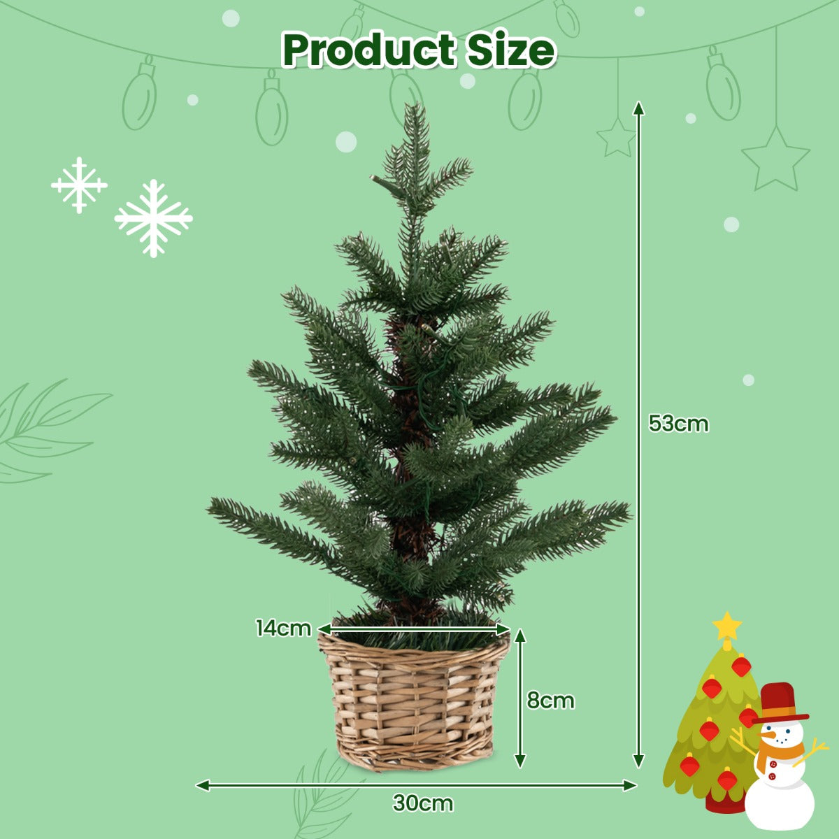 LIVSK Kunstmatige Minikerstboom in Pot - 96 Takuiteinden - 20 Warmwitte LED-lampjes - Timer - Rieten Basis - Groen