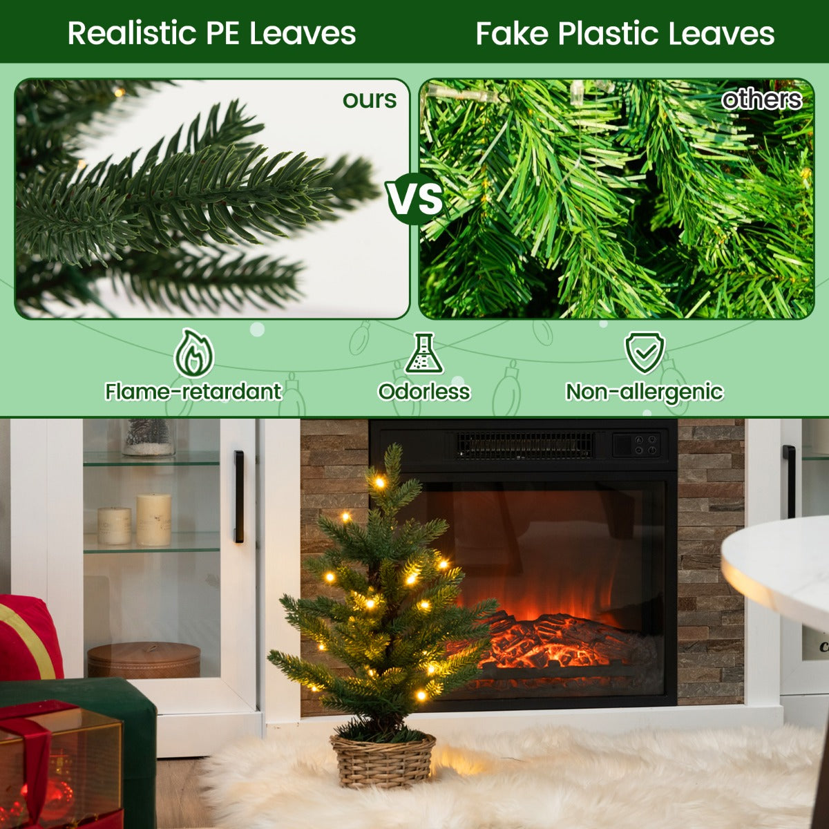LIVSK Kunstmatige Minikerstboom in Pot - 96 Takuiteinden - 20 Warmwitte LED-lampjes - Timer - Rieten Basis - Groen