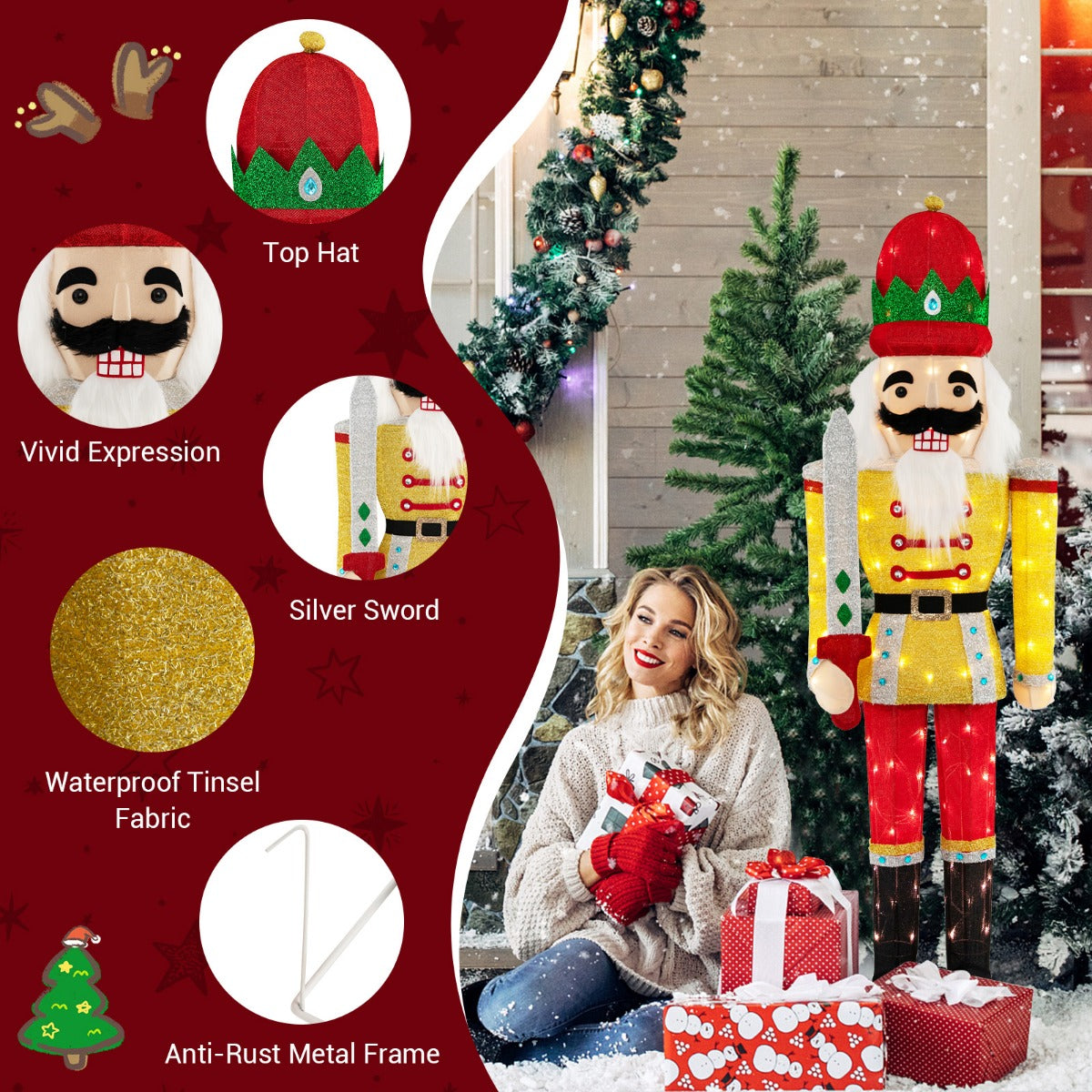 LIVSK Kerstnotenkraker Soldaat - Verlichte Figuur met 100 LED-lampjes - Voor Binnen en Buiten - 166 cm Hoog - Geel/Rood