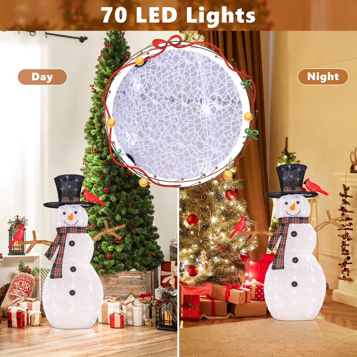 LIVSK Verlichte Kerstdecoratie Sneeuwpop met Rode Vogels - 70 Koelwitte LED-lampjes - Inclusief Grondpinnen - 99 x 16 x 127 cm -