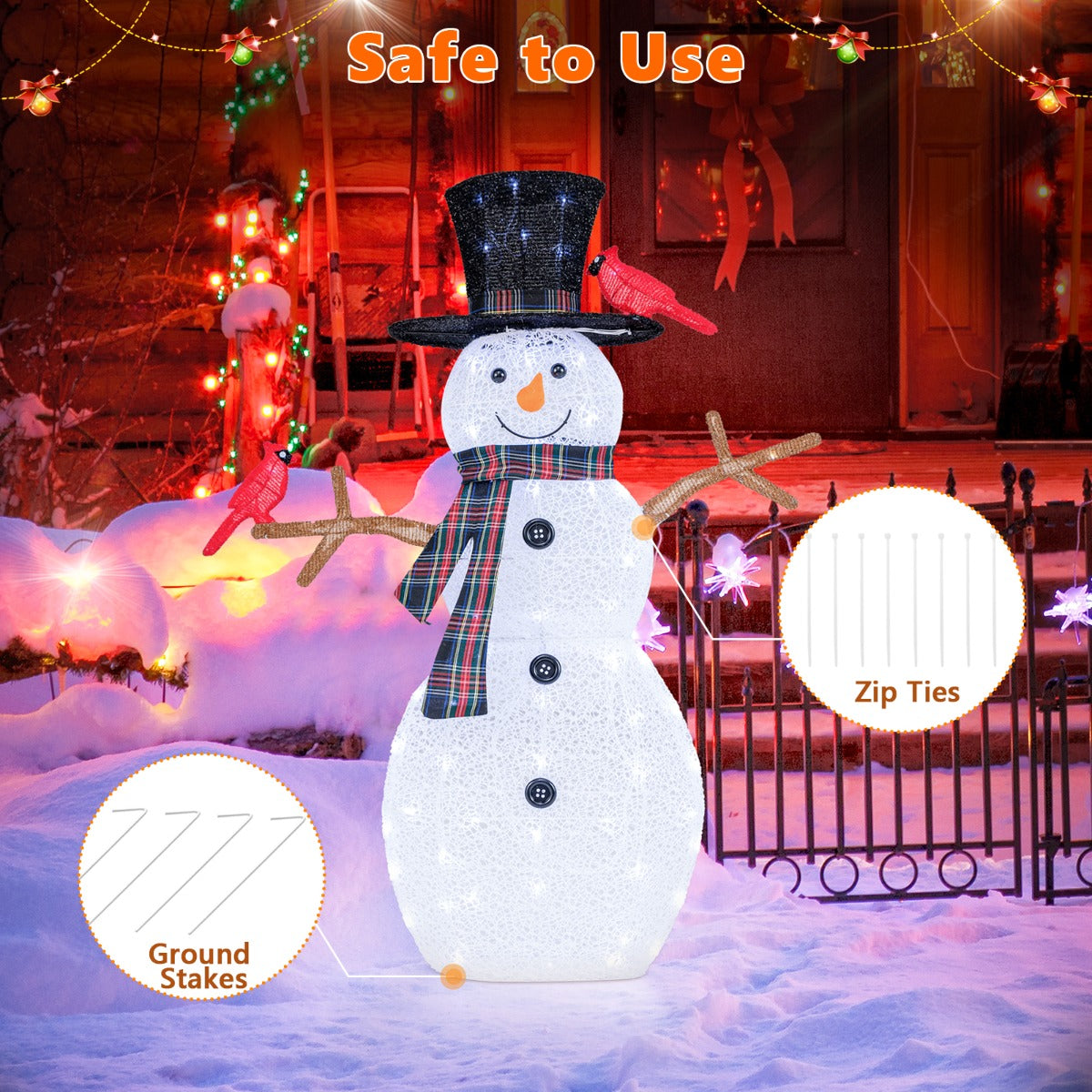 LIVSK Verlichte Kerstdecoratie Sneeuwpop met Rode Vogels - 70 Koelwitte LED-lampjes - Inclusief Grondpinnen - 99 x 16 x 127 cm -