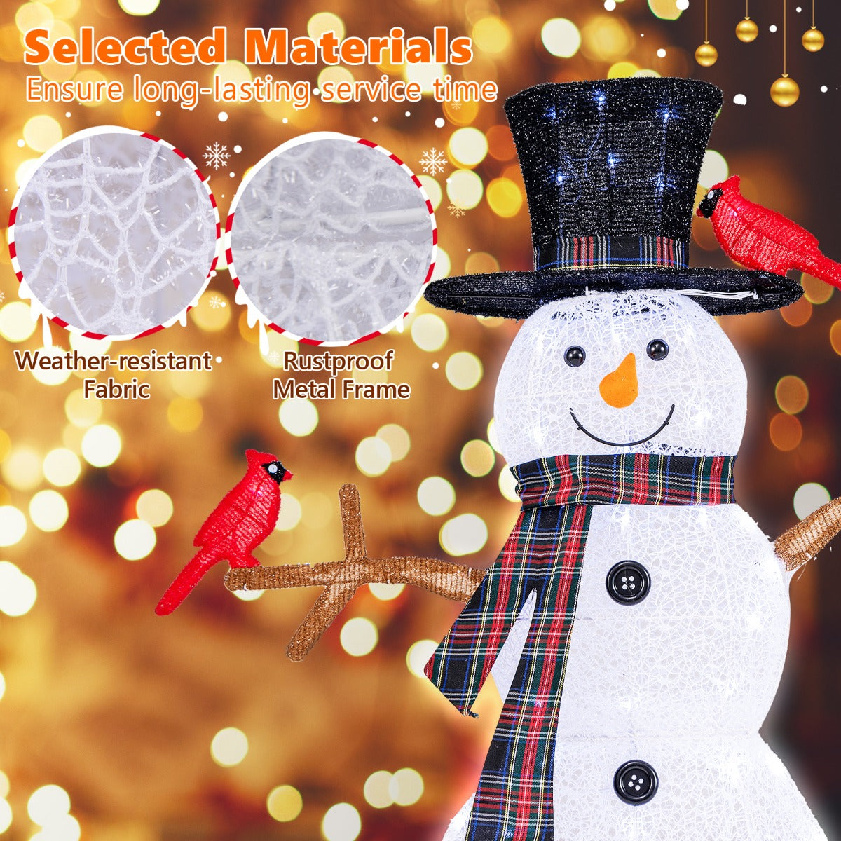 LIVSK Verlichte Kerstdecoratie Sneeuwpop met Rode Vogels - 70 Koelwitte LED-lampjes - Inclusief Grondpinnen - 99 x 16 x 127 cm -