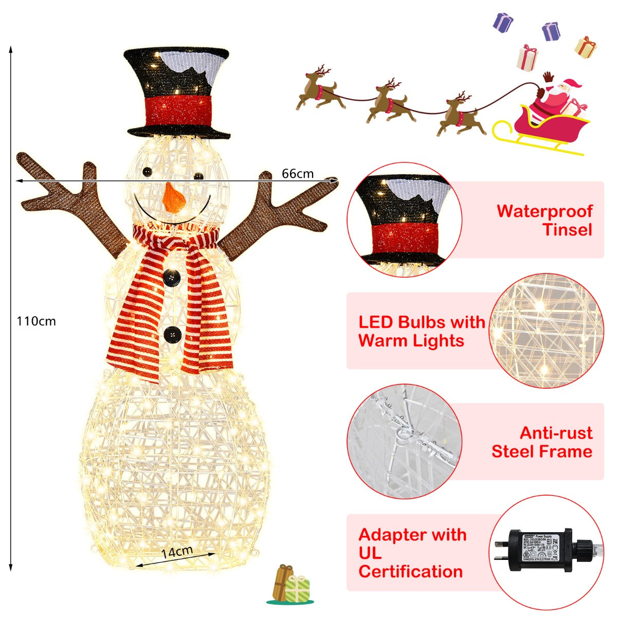 LIVSK Verlichte Kerstsneeuwpop - 80 LED-lampjes - Roestbestendig Metaal - Waterdicht - Inclusief Grondpennen - 66 x 14 x 110 cm -