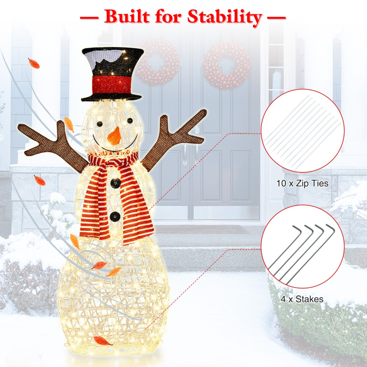 LIVSK Verlichte Kerstsneeuwpop - 80 LED-lampjes - Roestbestendig Metaal - Waterdicht - Inclusief Grondpennen - 66 x 14 x 110 cm -