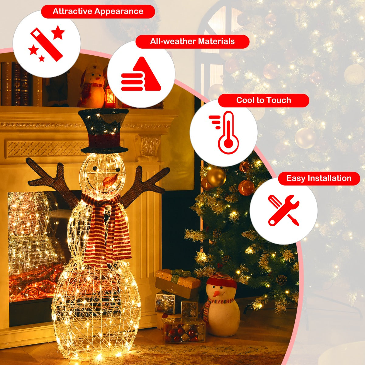 LIVSK Verlichte Kerstsneeuwpop - 80 LED-lampjes - Roestbestendig Metaal - Waterdicht - Inclusief Grondpennen - 66 x 14 x 110 cm -