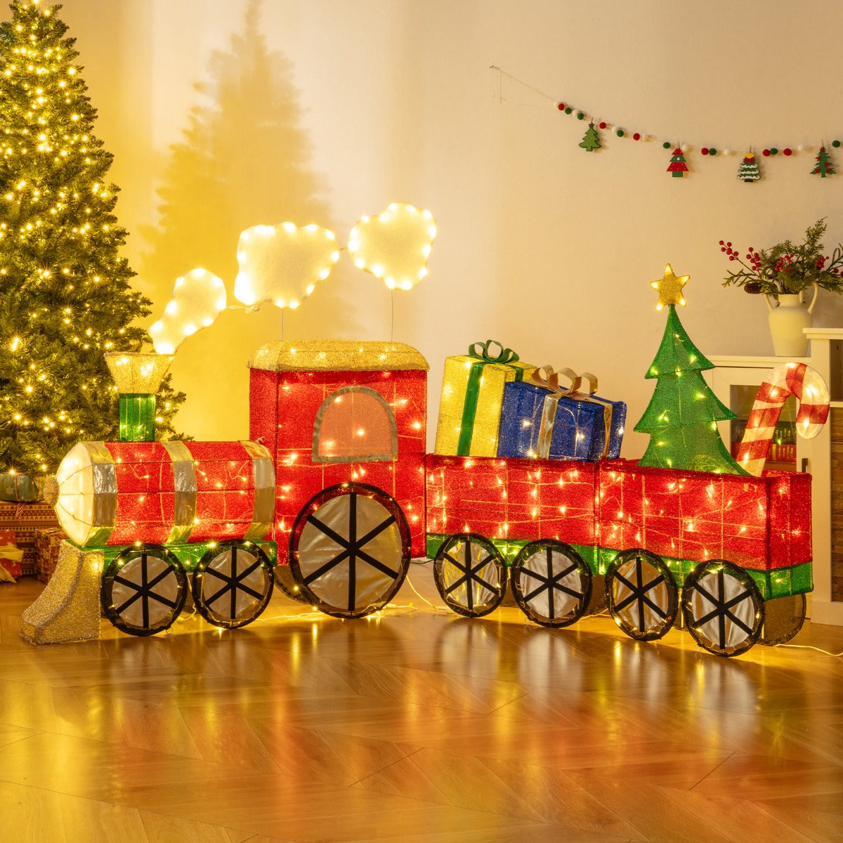 LIVSK Verlichte Kersttreinset - Inclusief Cadeauverpakkingen en Kerstboom - Warmwitte LED-lampen - Duurzaam - 215 x 23 x 120 cm -