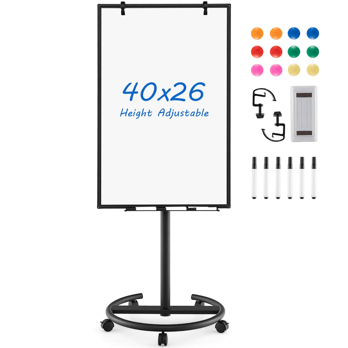 LIVSK Magnetisch Whiteboard Standaard - Verstelbaar in Hoogte en Hoek - Inclusief 12 Magneten en 6 Markers - Zwenkwielen - Zwart