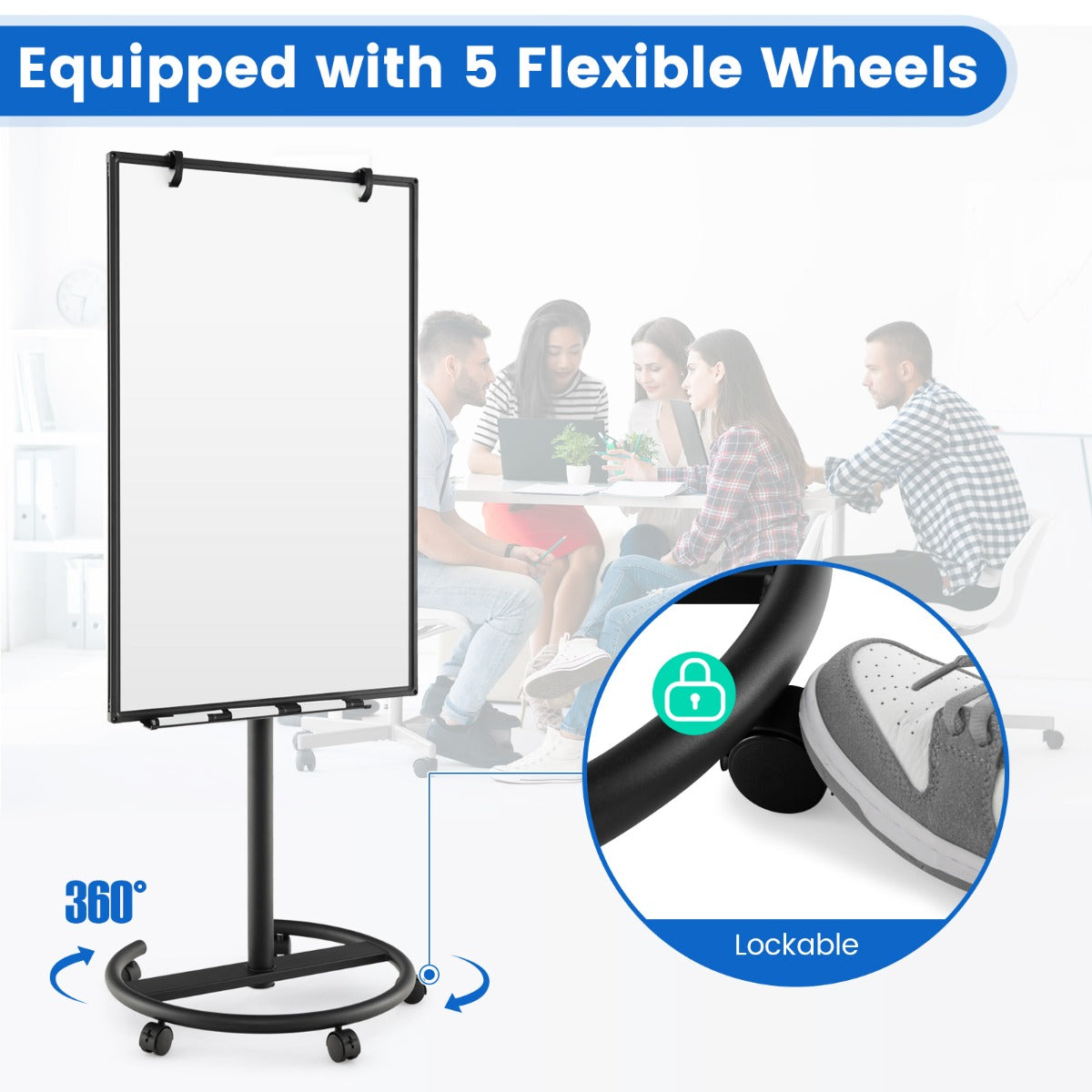 LIVSK Magnetisch Whiteboard Standaard - Verstelbaar in Hoogte en Hoek - Inclusief 12 Magneten en 6 Markers - Zwenkwielen - Zwart