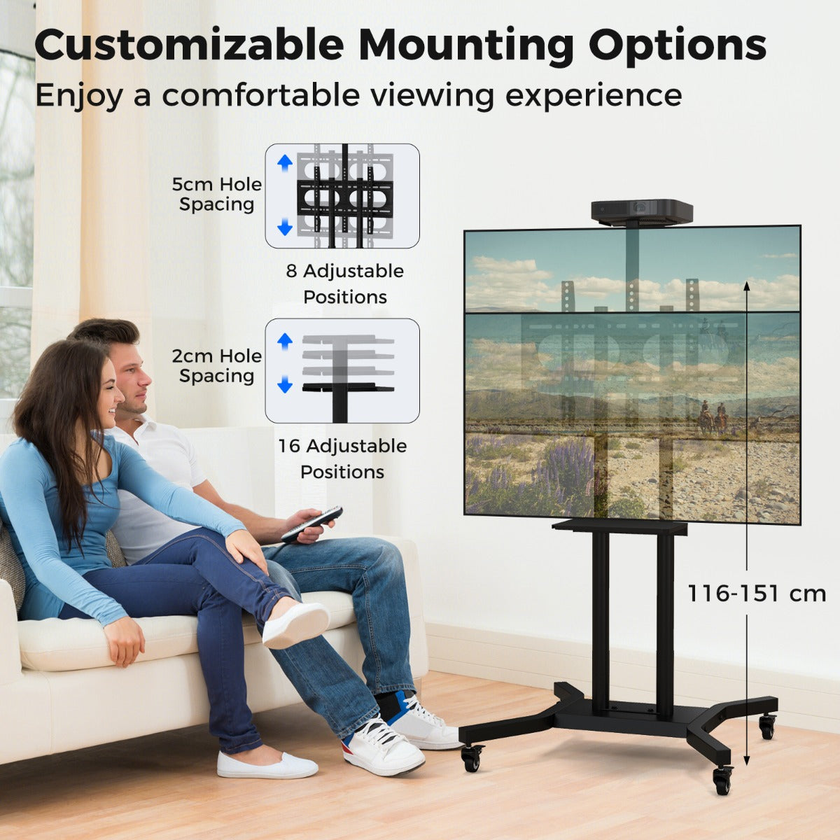 LIVSK Mobiele TV-standaard - Verrijdbaar voor 32"-70" TV's - 8 Hoogtes - Cameraplank - Kabelbeheer - Tot 50 kg - Zwart