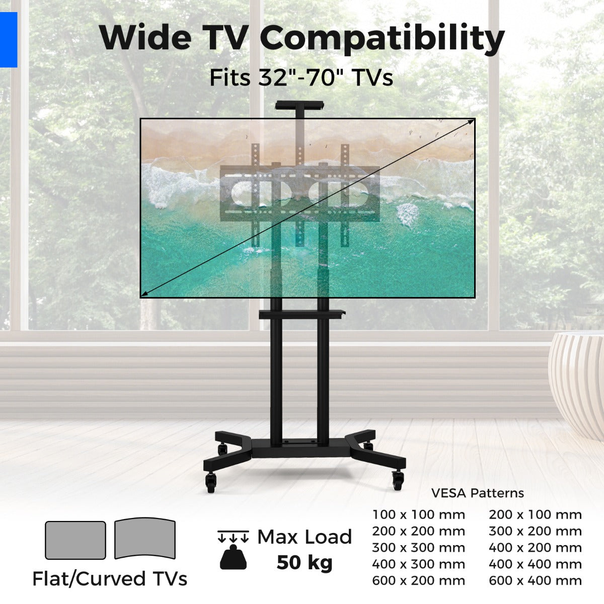 LIVSK Mobiele TV-standaard - Verrijdbaar voor 32"-70" TV's - 8 Hoogtes - Cameraplank - Kabelbeheer - Tot 50 kg - Zwart