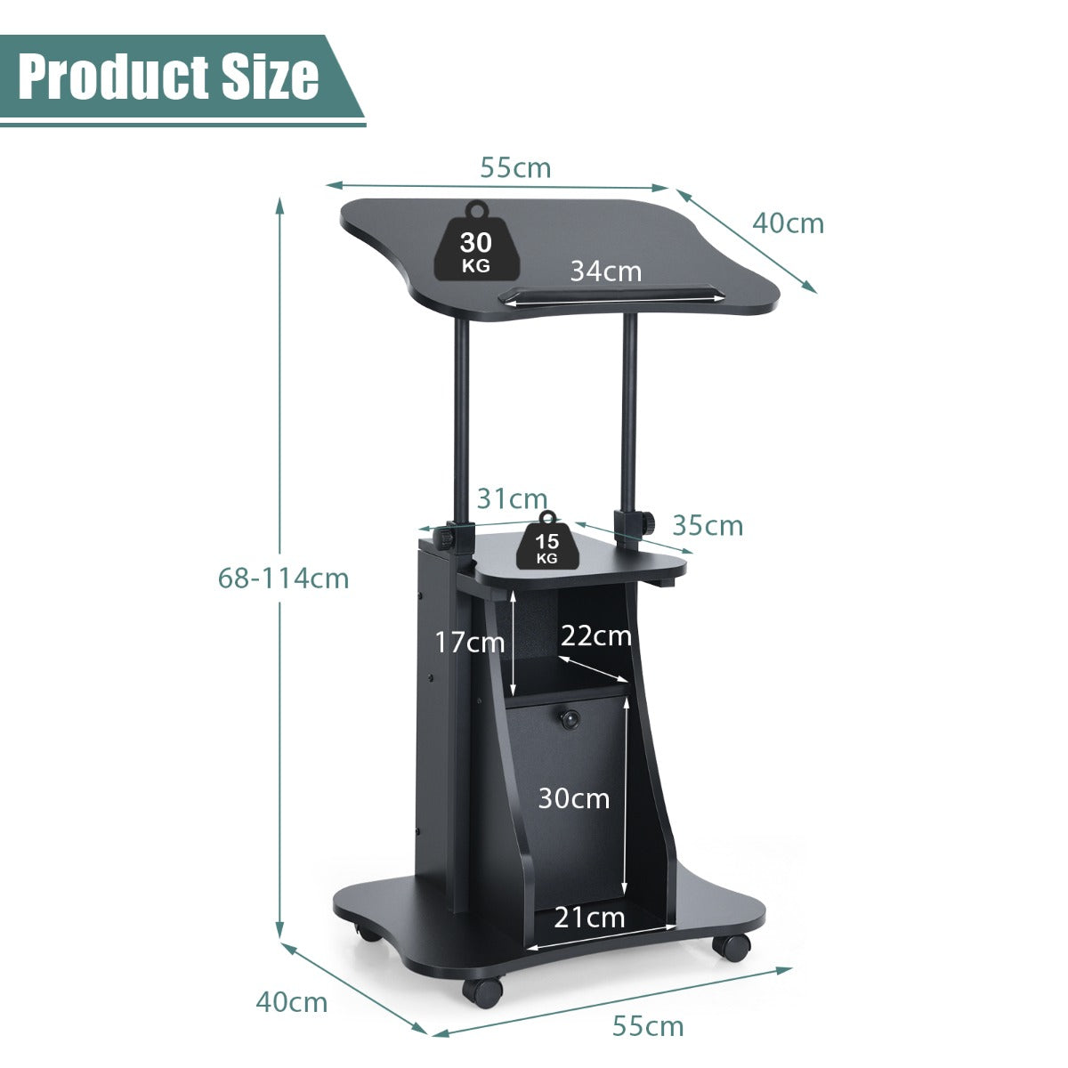 LIVSK Ergonomisch Verstelbaar Computerbureau - Hoogte en Hoek Verstelbaar - Antislip - Opbergkast - 55 x 40 x 68-114 cm - Zwart