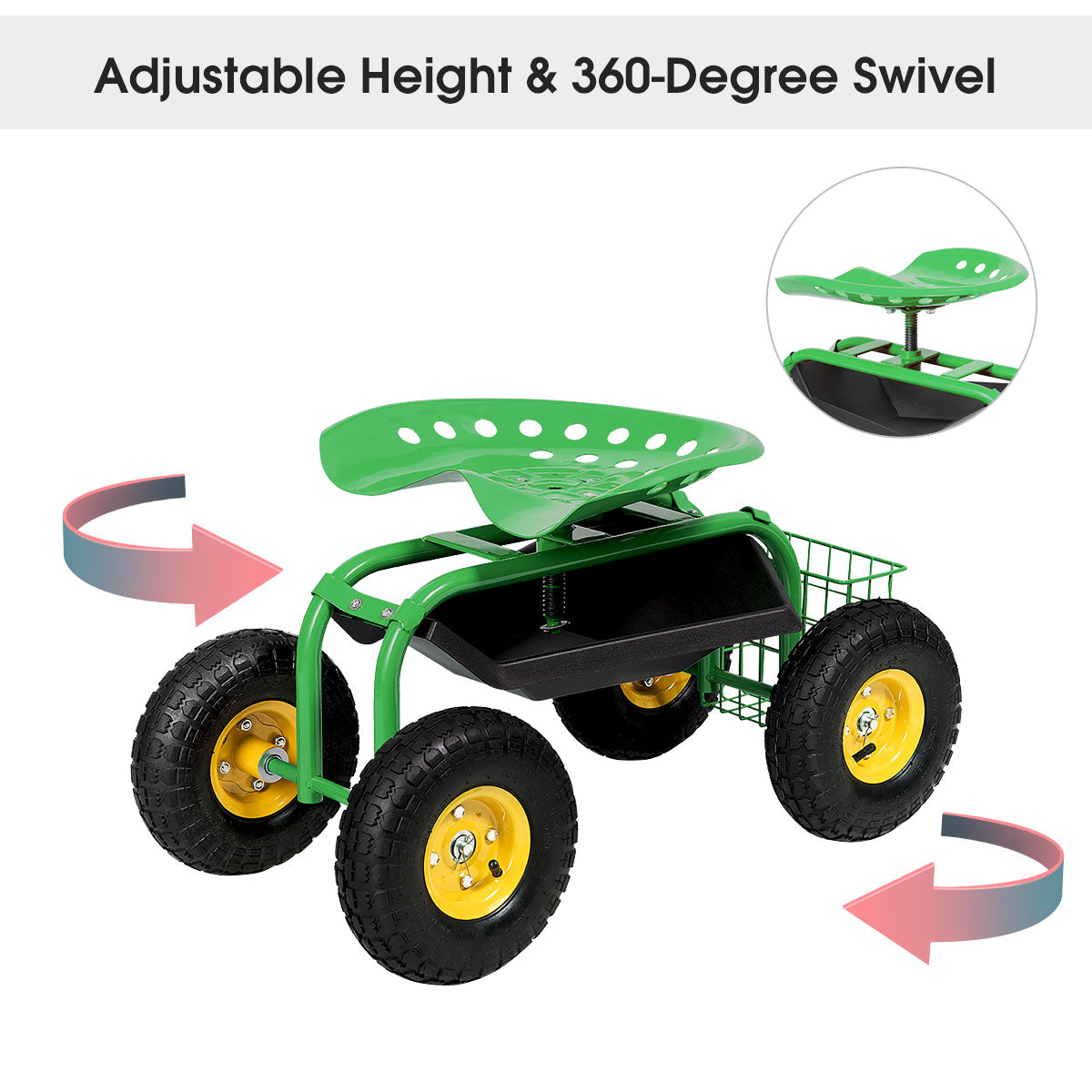 LIVSK Verstelbare Tuinstoel - 360° Draaibaar - Opbergmand - Stevig Metaal - Tot 150 kg - 81 x 44,5 x 46-53 cm - Groen