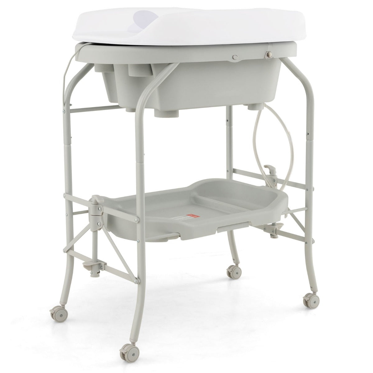 LIVSK Opvouwbare Babyverschoontafel met Badkuip - 4-in-1 Ontwerp - Handige Opbergvakken - Vergrendelbare Wielen - Beige/Grijs