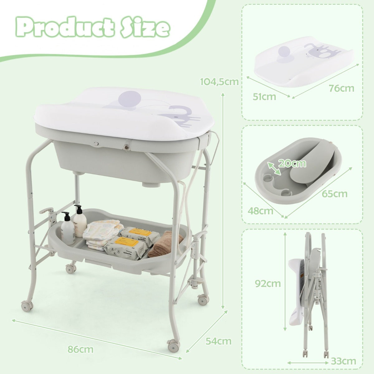 LIVSK Opvouwbare Babyverschoontafel met Badkuip - 4-in-1 Ontwerp - Handige Opbergvakken - Vergrendelbare Wielen - Beige/Grijs