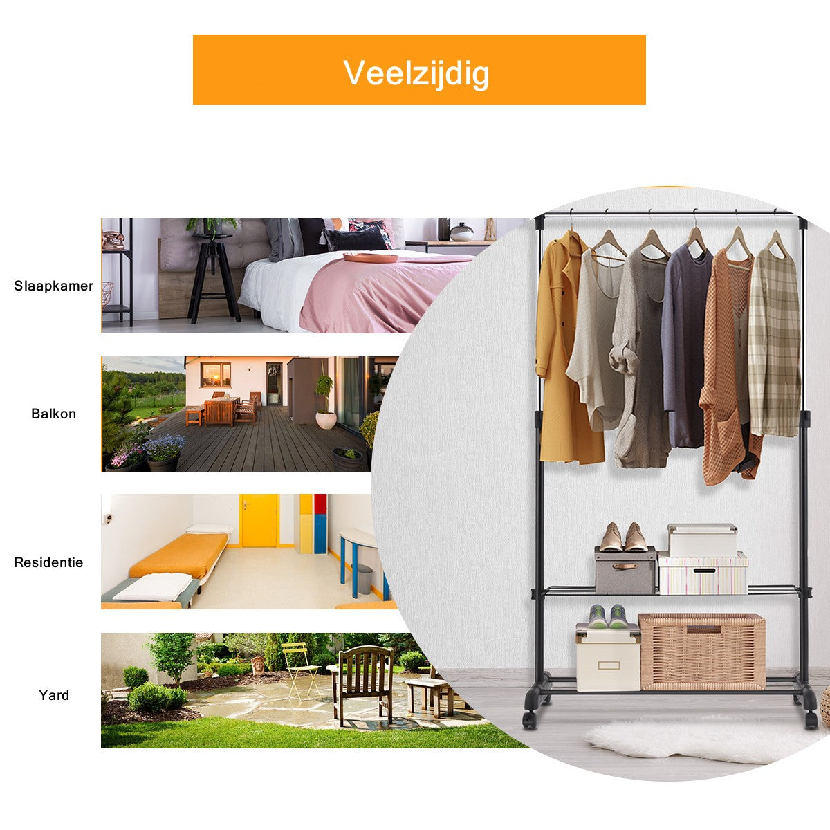 LIVSK Verstelbaar Kledingrek met Wielen - Extra Opbergruimte - Eenvoudige Montage - Stevige Constructie - 84 x 42 x (92-168) cm -