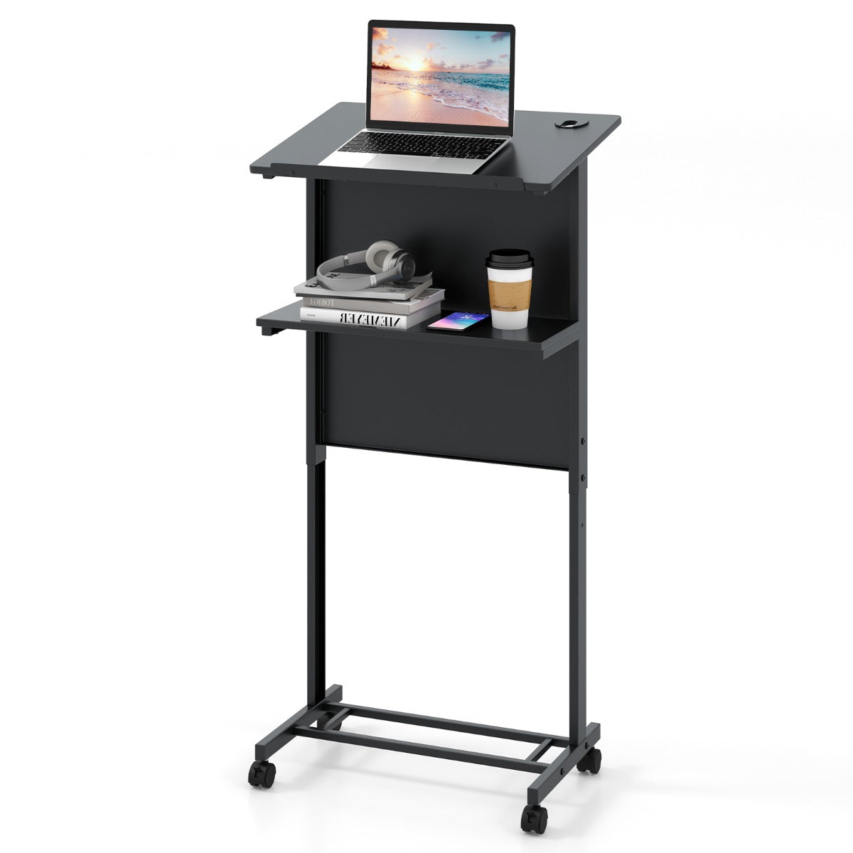 Livsk costway verstelbaar sta bureau sta zit bureau op wielen mobiel staand bureau met tafelblad opbergruimte laptoptrolley voor kantoor 1 1