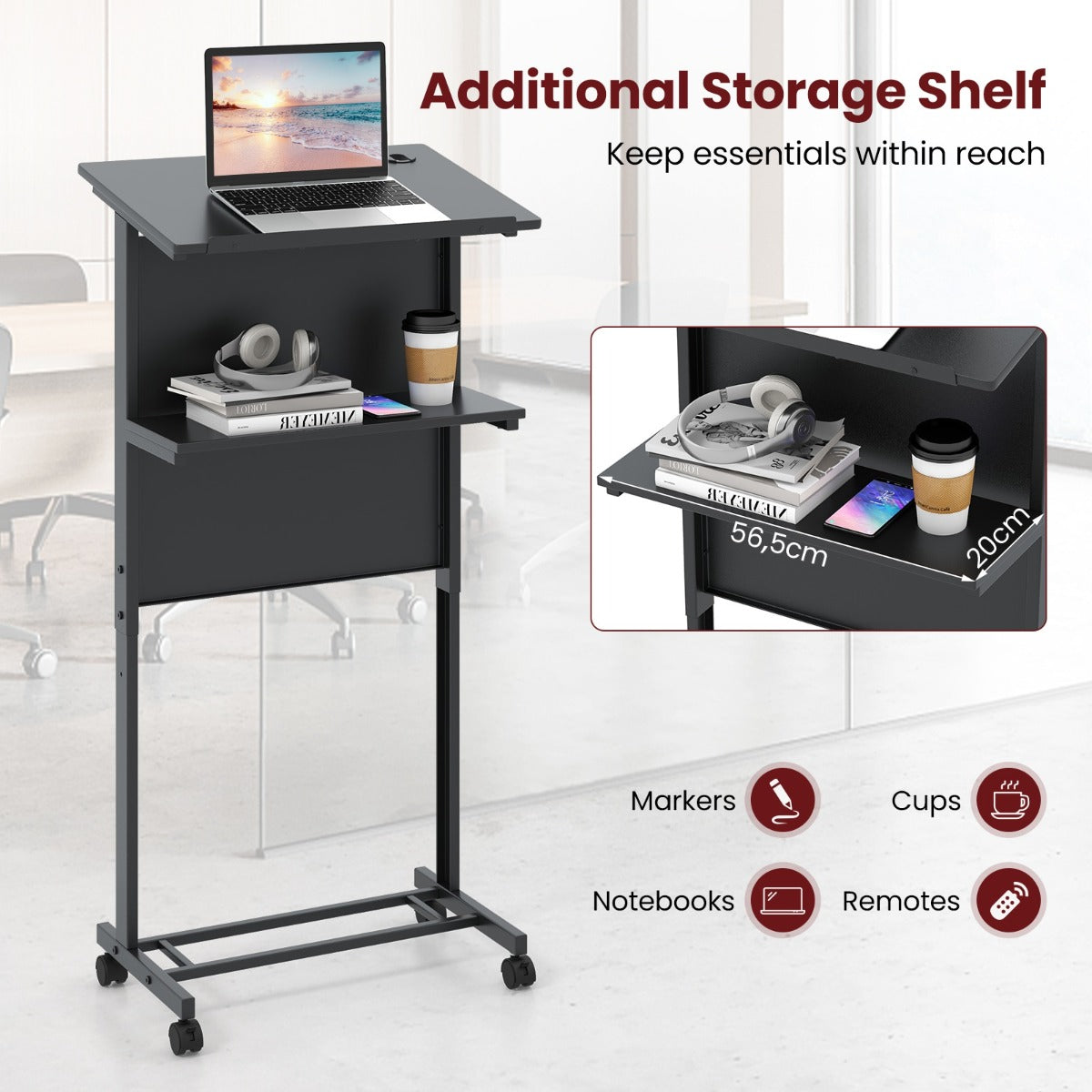 Livsk costway verstelbaar sta bureau sta zit bureau op wielen mobiel staand bureau met tafelblad opbergruimte laptoptrolley voor kantoor 4