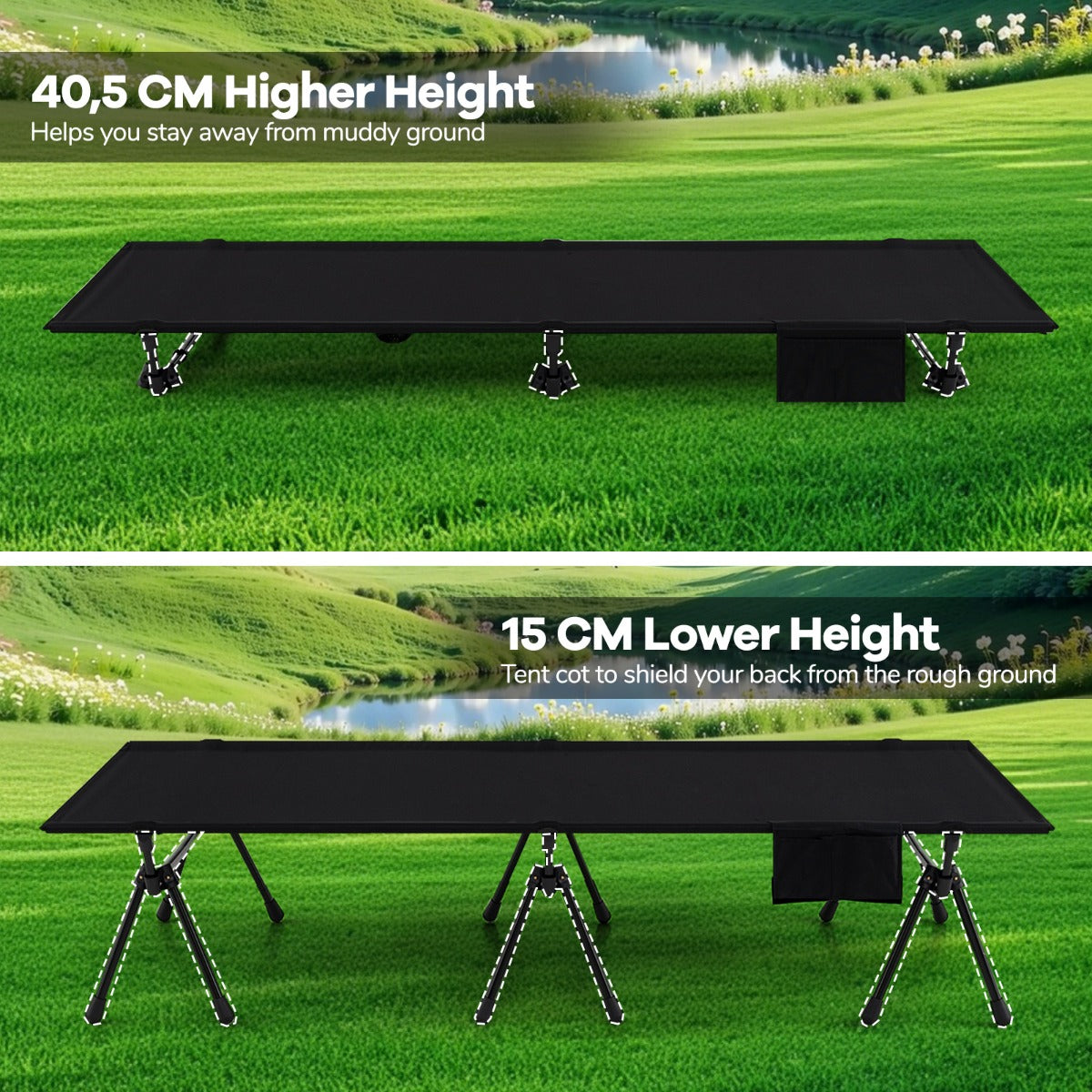 LIVSK Verstelbaar Campingbed - Hoogte tot 40,5 cm - Robuust Vliegtuigaluminium - Inclusief Draagtas - Tot 150 kg - Zwart