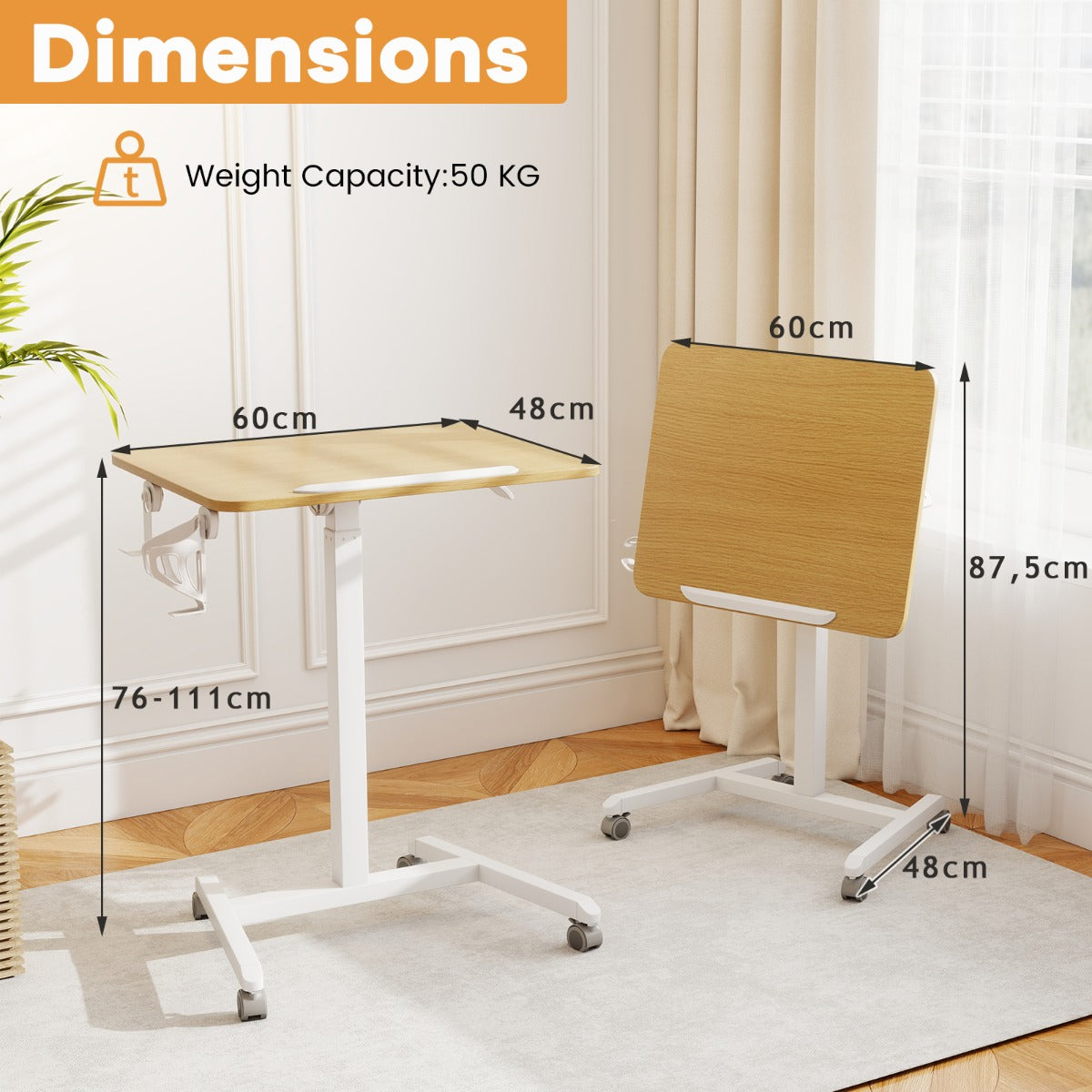LIVSK Mobiele Zit-Sta Bureau - Kantelbaar Bureaublad - In Hoogte Verstelbaar - Opvouwbaar met Wielen - 60 x 48 x 76-111 cm -