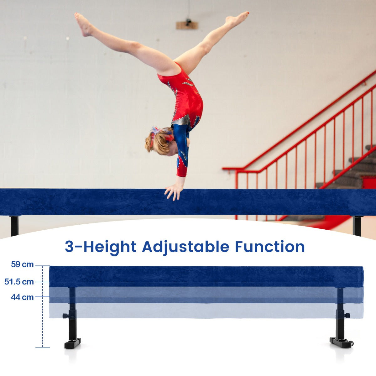 Livsk costway verstelbare evenwichtsbalk 226 cm hoge en lage gymnastiekbalk met 3 hoogtes blauw